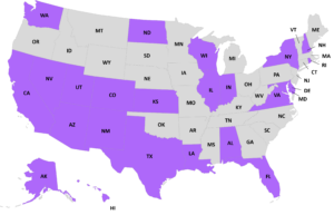 U.S. Map showing States that have passed comprehensive Supported Decision-Making Agreement laws as of September 2026. These States are marked in purple on the map. These States include Alabama, Alaska, Arizona, California, Colorado, Delaware, Florida, Hawaii, Illinois, Indiana, Kansas, Louisiana, Maryland, Nevada, New Hampshire, New Mexico, New York, North Dakota, Rhode Island, Texas, Utah, Virginia, Washington, and Wisconsin. The District of Columbia also has a comprehensive Supported Decision-Making Agreement law.